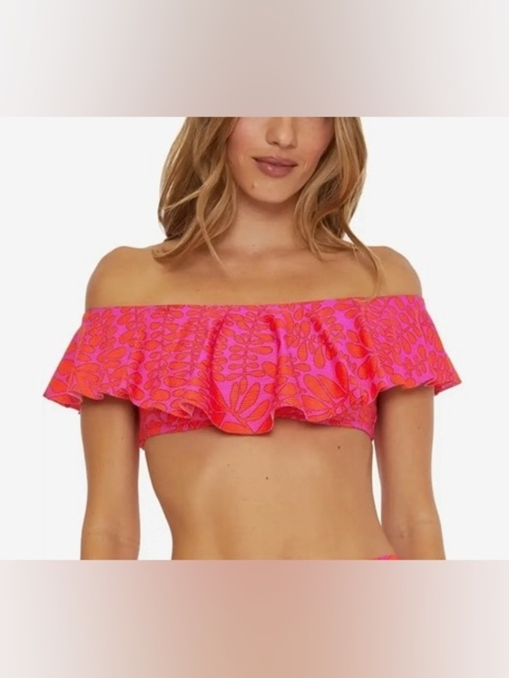 Trina Turk Off The Shoulder Ruffle Bandeau Swim Top Womens Size 8 Pink Orange